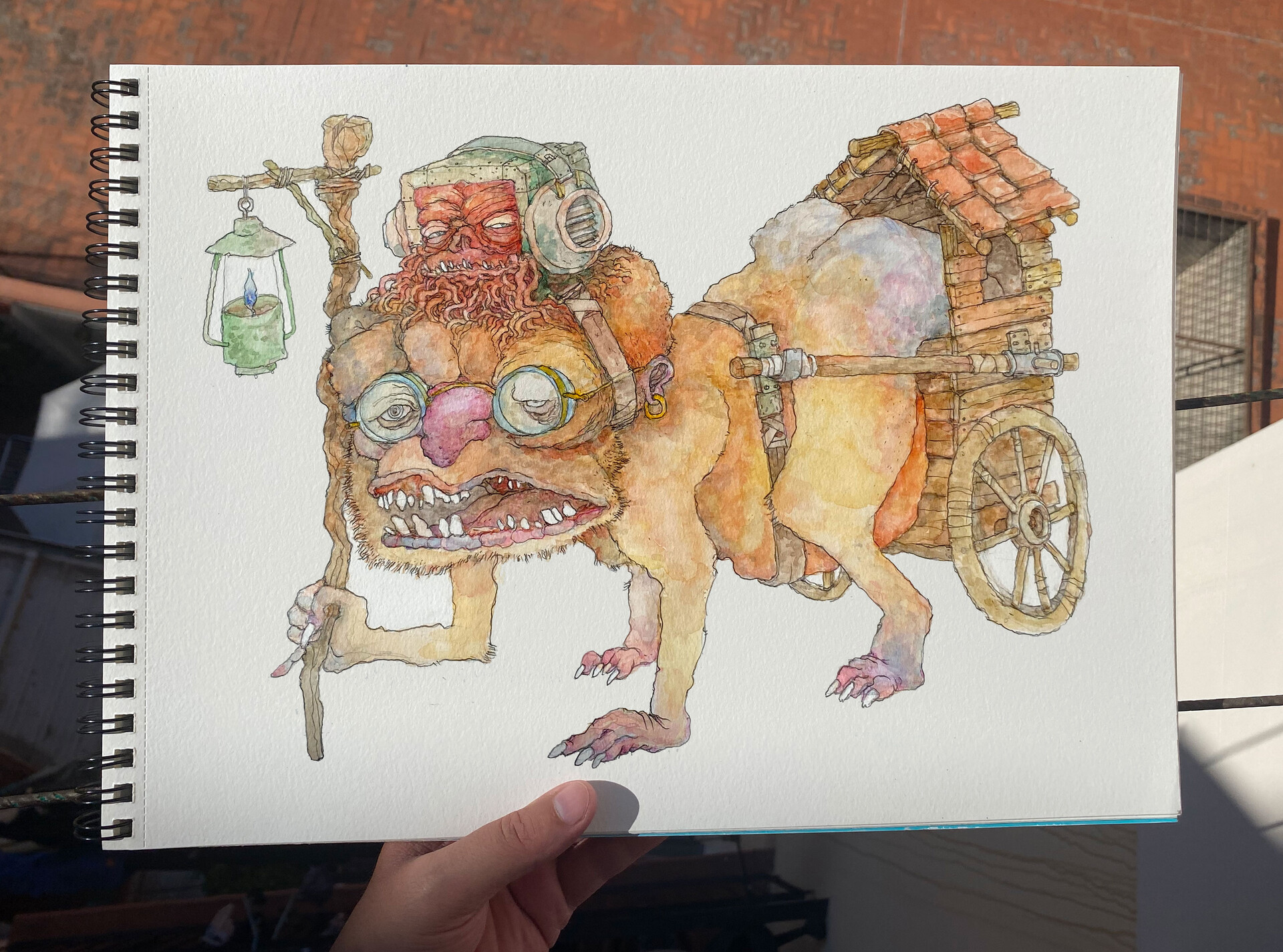 Acuarela de una criatura cuadrúpeda con cara humana con un carro de madera en la parte de atrás